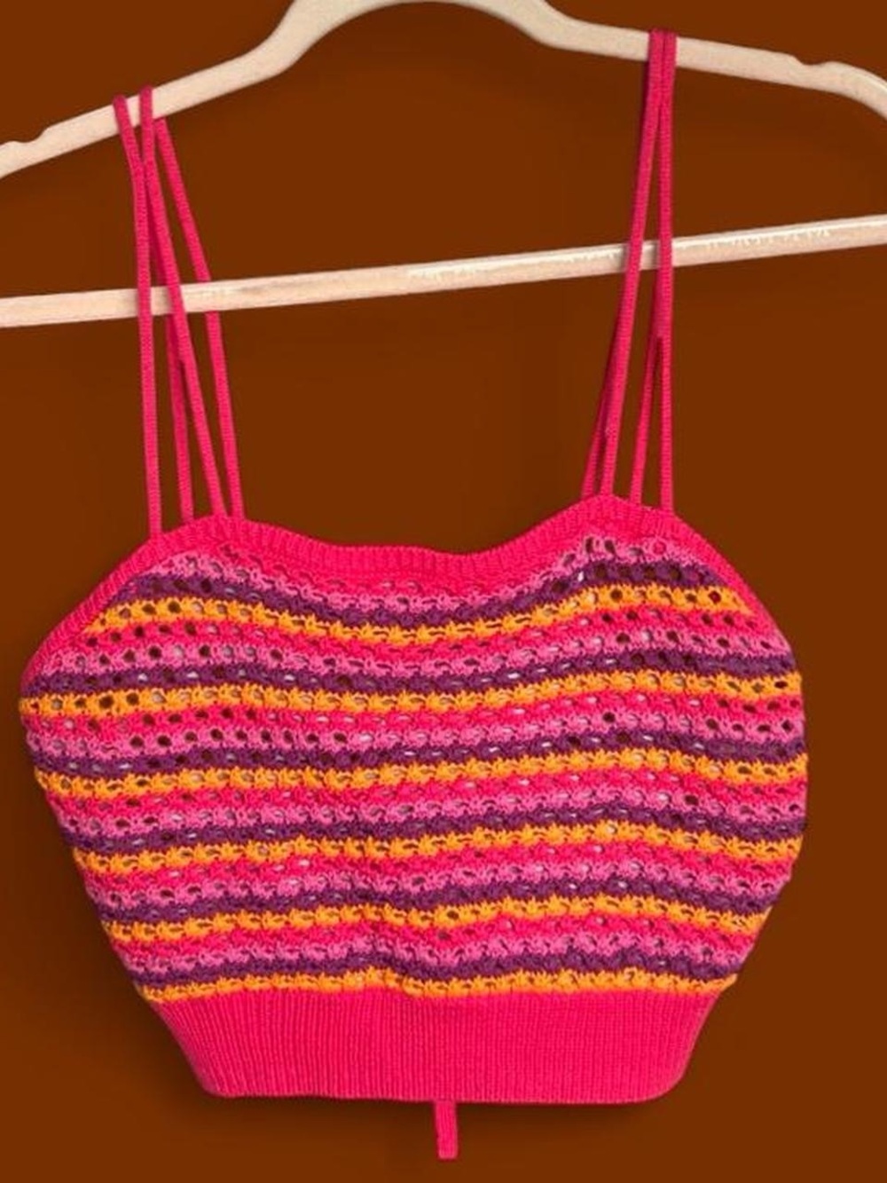 Pink Striped Crochet Cami Tank Top